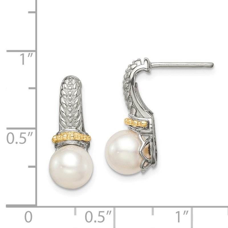 Sterling Silver Rhodium-plated with 14K Accent 7-8mm Freshwater Cultured Pearl Post Dangle Earrings