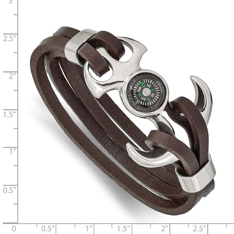 Stainless Steel Polished Functional Compass Multi Strand Brown Leather 8.5 inch Bracelet