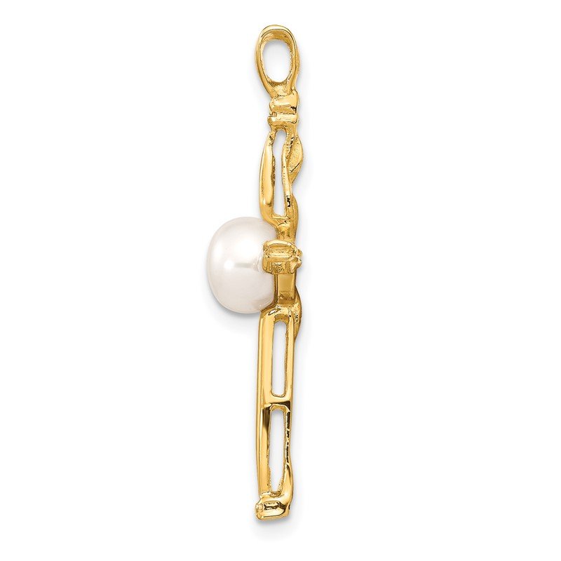 14k 6-7mm White Button Freshwater Cultured Pearl and .02 Carat Diamond Cross Pendant