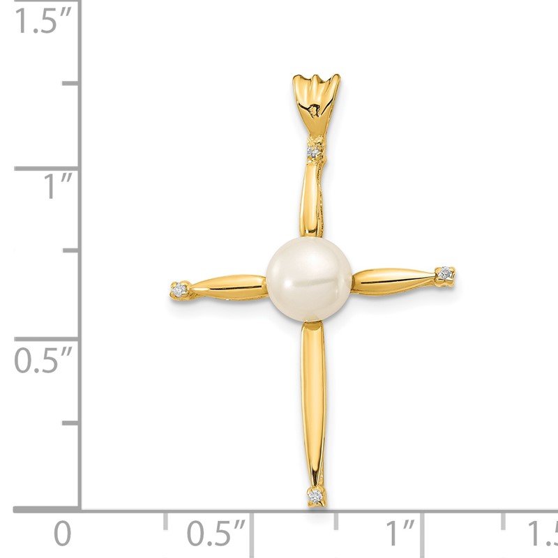 14k 6-7mm White Button Freshwater Cultured Pearl and .02 Carat Diamond Cross Pendant