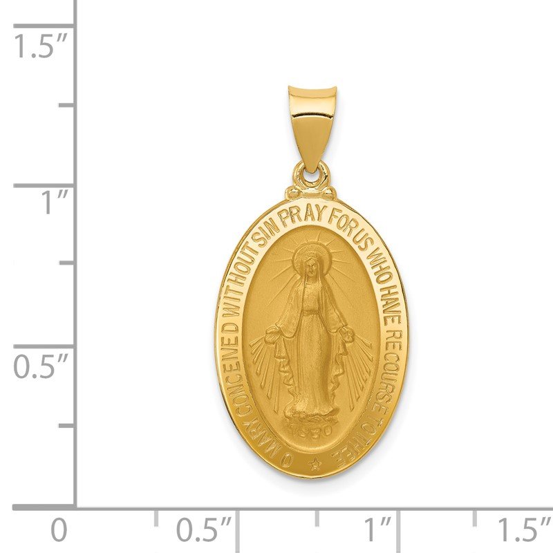 14k Polished and Satin Hollow Miraculous Medal Oval Pendant
