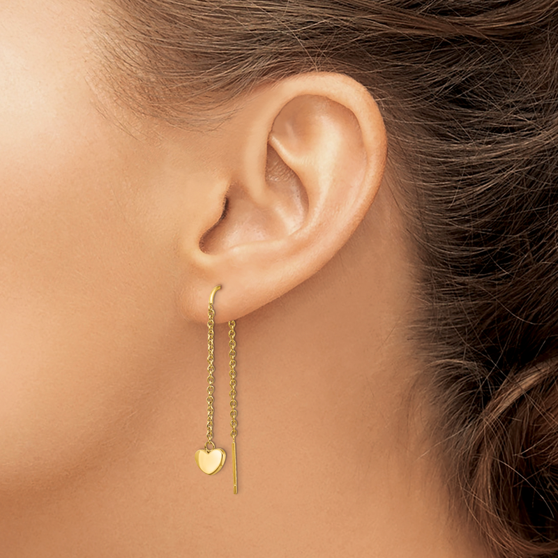 Stainless Steel Polished Yellow IP-plated Threader Heart Dangle Earrings