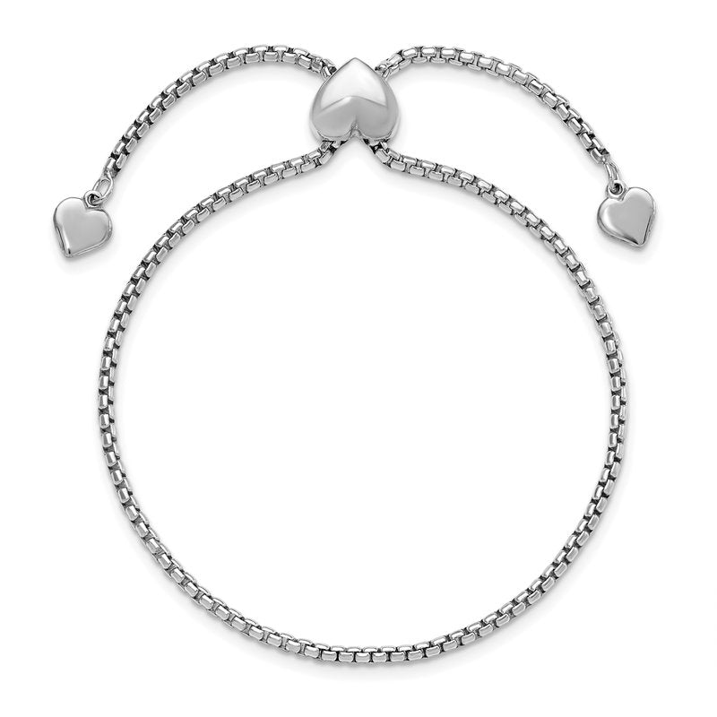 Sterling Silver RH-plated Round Rectangle Box Heart Adj. Bracelet