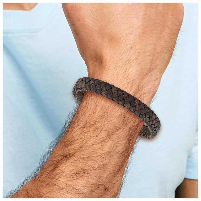 Stainless Steel Polished Rose IP-plated Brown Braided Leather 8.5 inch Bracelet