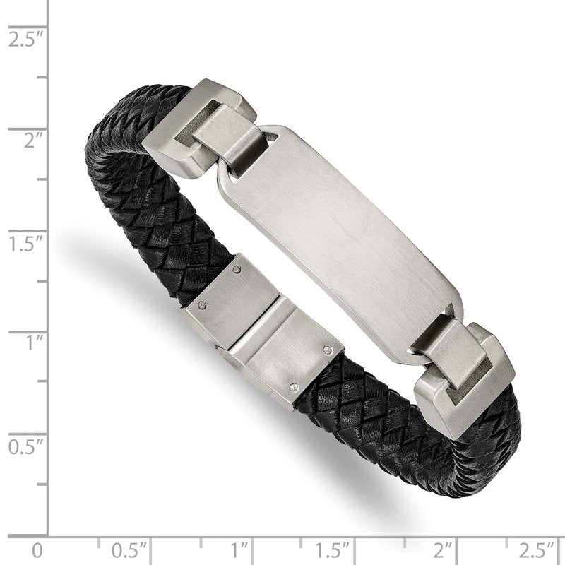 Stainless Steel Brushed Black Leather 8.5 inch ID Bracelet