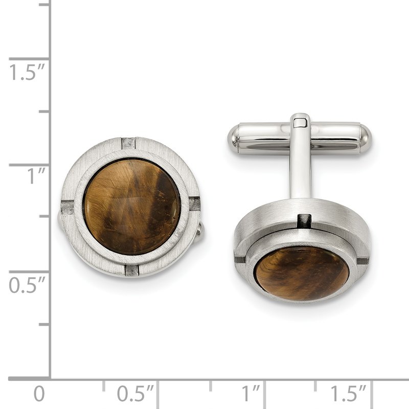 Stainless Steel Brushed and Polished with Tiger's Eye Circle Cufflinks