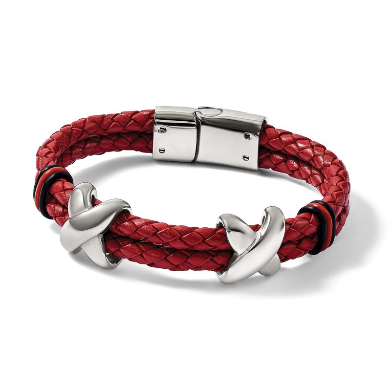 Stainless Steel Polished Red Leather and Black Rubber 8 inch Bracelet