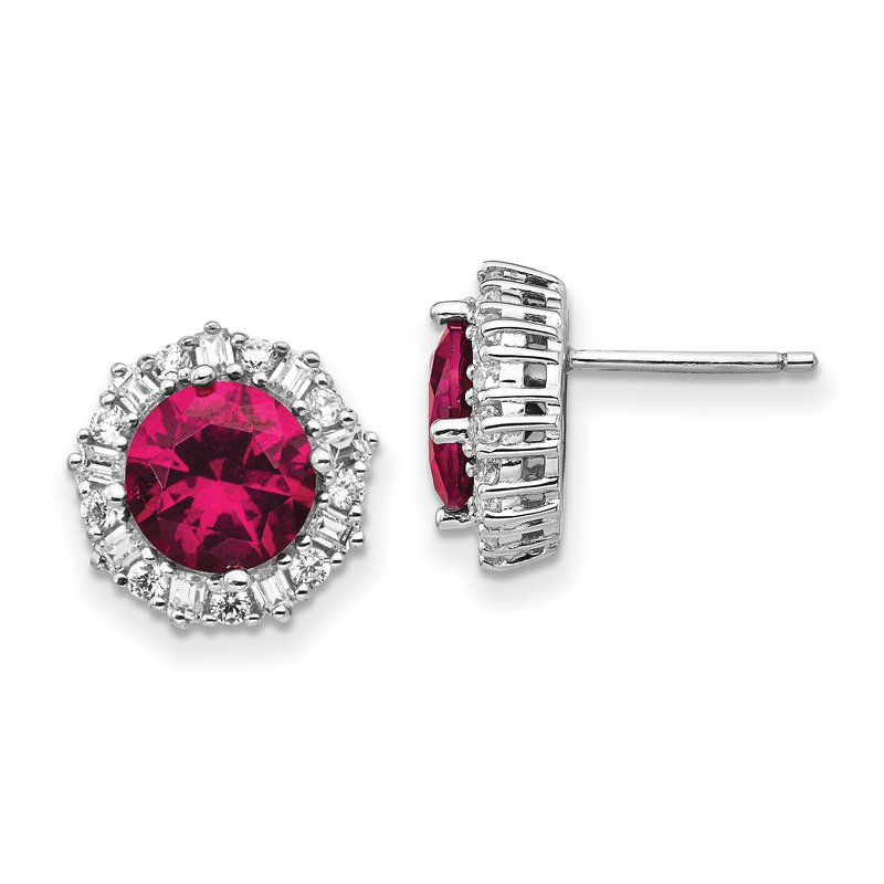 Sterling Silver Rhodium-plated Brilliant-cut Lab Created Ruby and Brilliant-cut/Baguette-cut White CZ Post Earrings