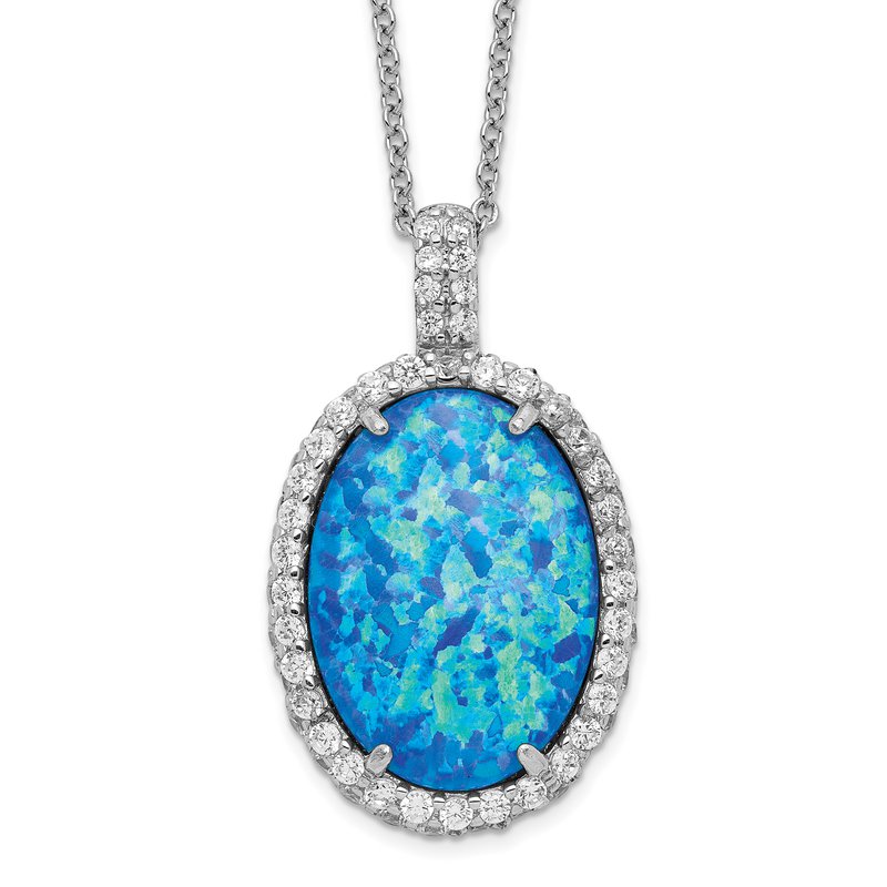 Sterling Silver Rhodium-plated Cabochon Lab Created Blue Opal and Brilliant-cut CZ Oval 18.5 Inch Necklace