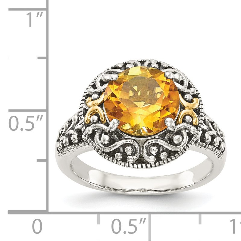 Sterling Silver with 14K Accent Antiqued Round Citrine Ring