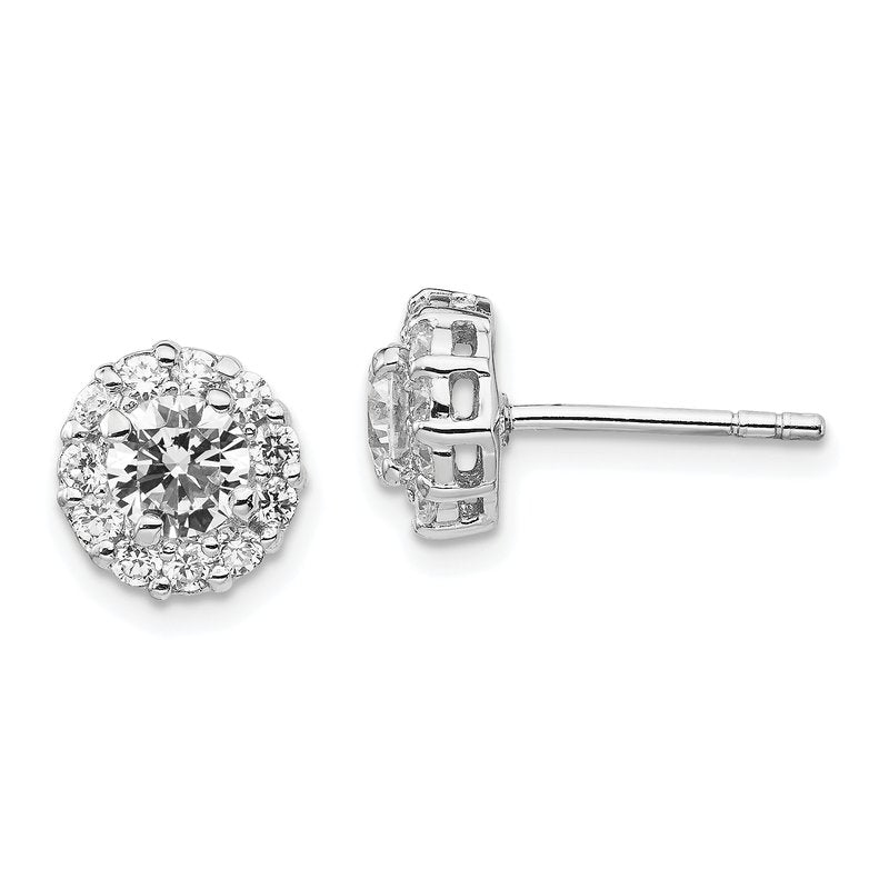 Sterling Silver Rhodium-plated Round Brilliant-cut CZ Halo Post Earrings