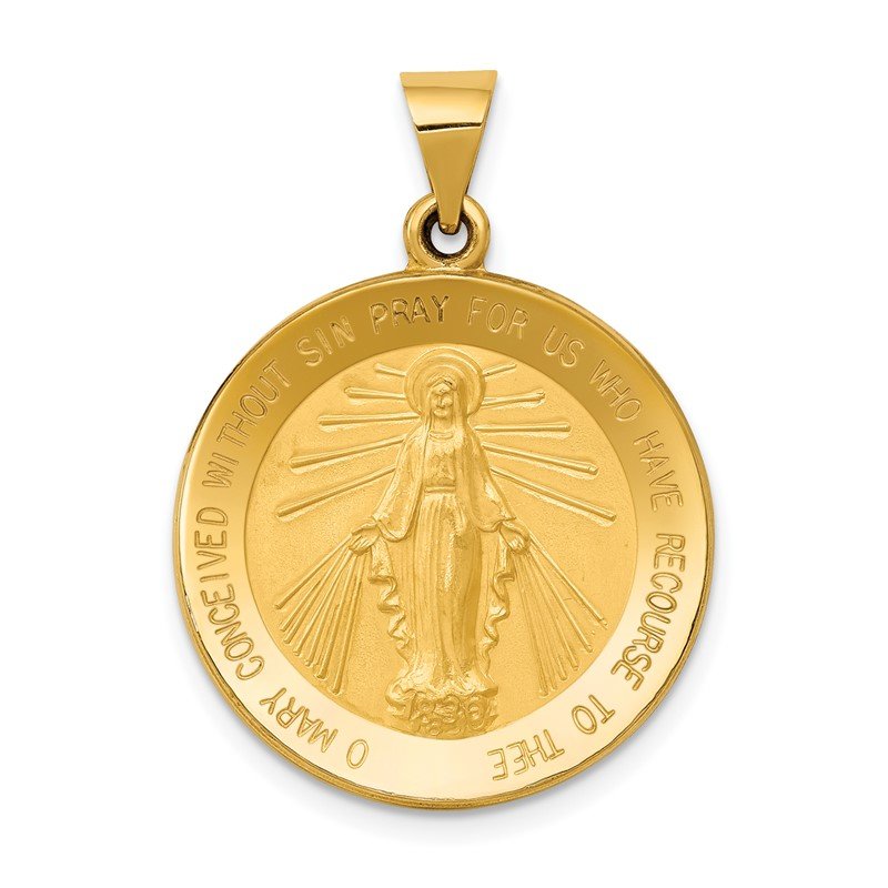 14k Polished and Satin Hollow Miraculous Medal Round Pendant