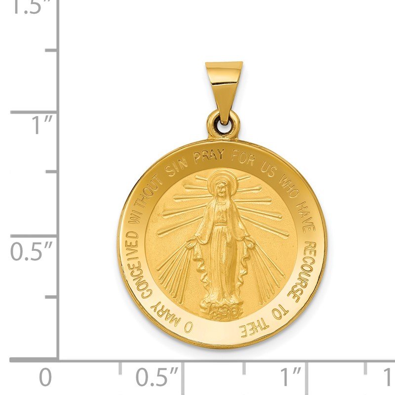 14k Polished and Satin Hollow Miraculous Medal Round Pendant