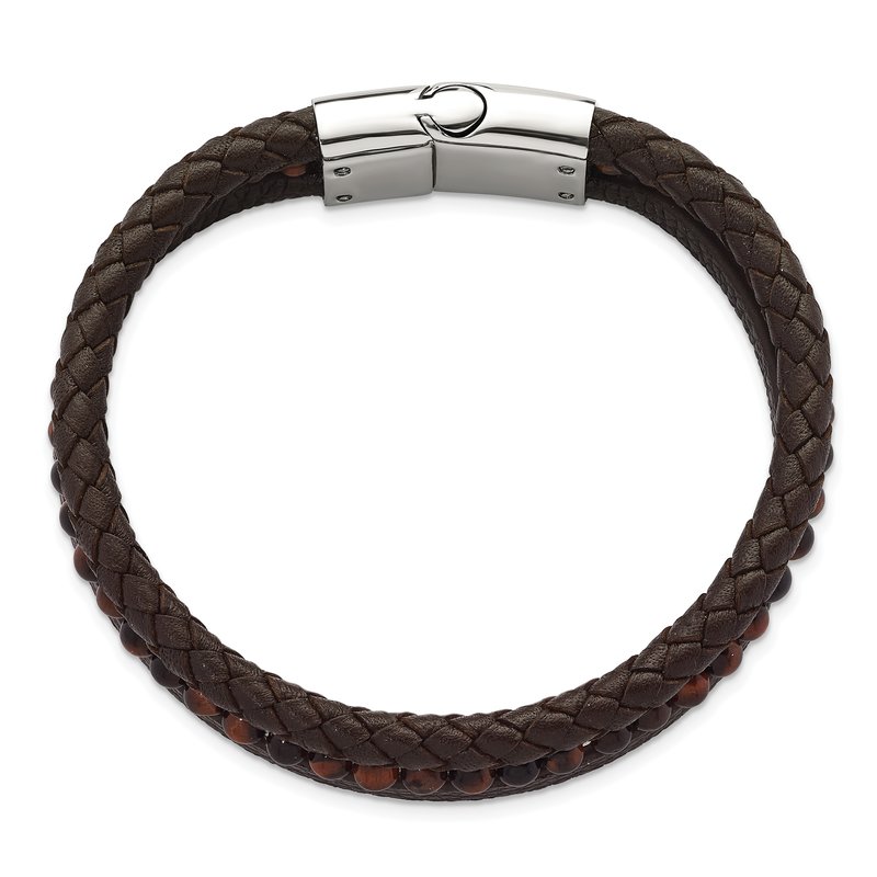 Stainless Steel Polished Multi Strand Tiger's Eye Beaded Brown Leather 8.25 inch Bracelet