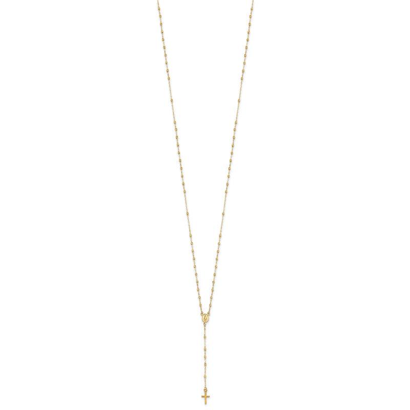 14k Polished Cross and Miraculous Medal with Diamond-cut Beads 17 inch Rosary Necklace Plus 3 inch Extender