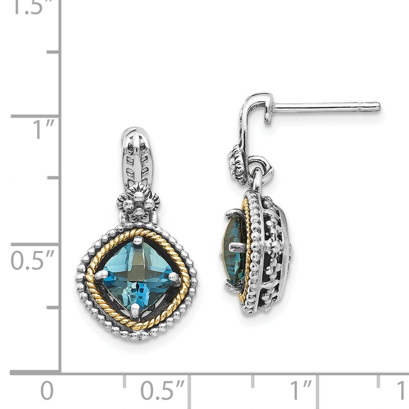 Sterling Silver with 14K Accent Antiqued Cushion London Blue Topaz Post Dangle Earrings