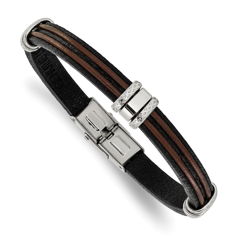 Stainless Steel Polished Black and Brown Leather 8.25 inch Bracelet