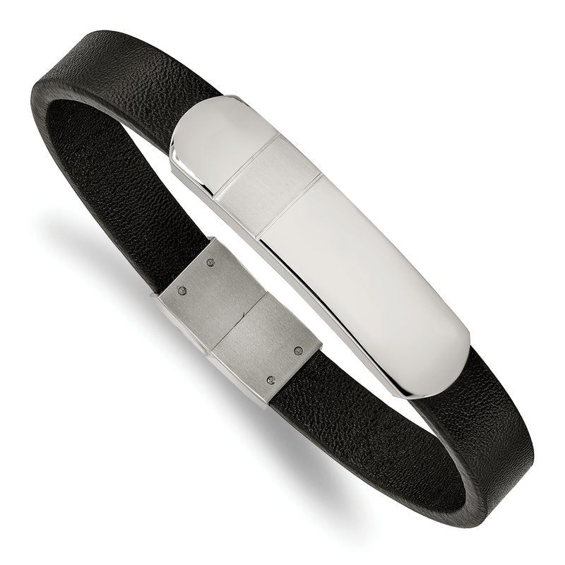 Stainless Steel Brushed and Polished Black Leather 8.5 inch ID Bracelet