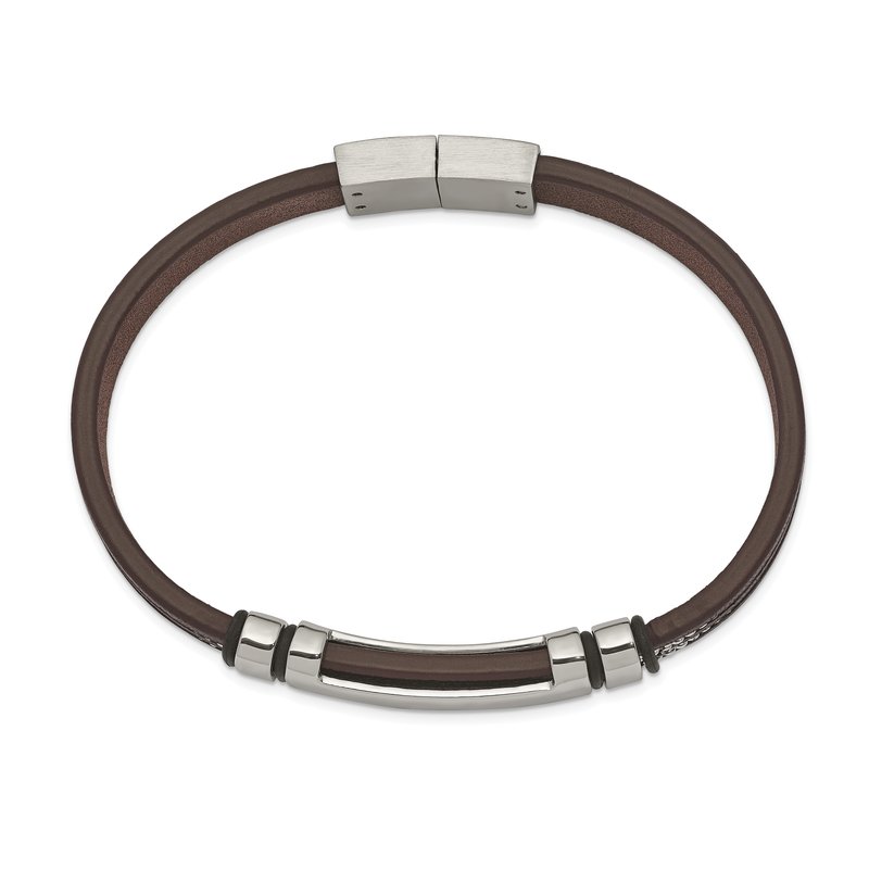 Stainless Steel Polished Brown Leather with Black Rubber 8.25 inch ID Bracelet
