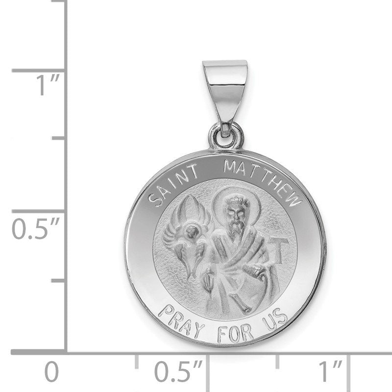 14k White Gold Polished and Satin Hollow St Matthew Medal Round Pendant