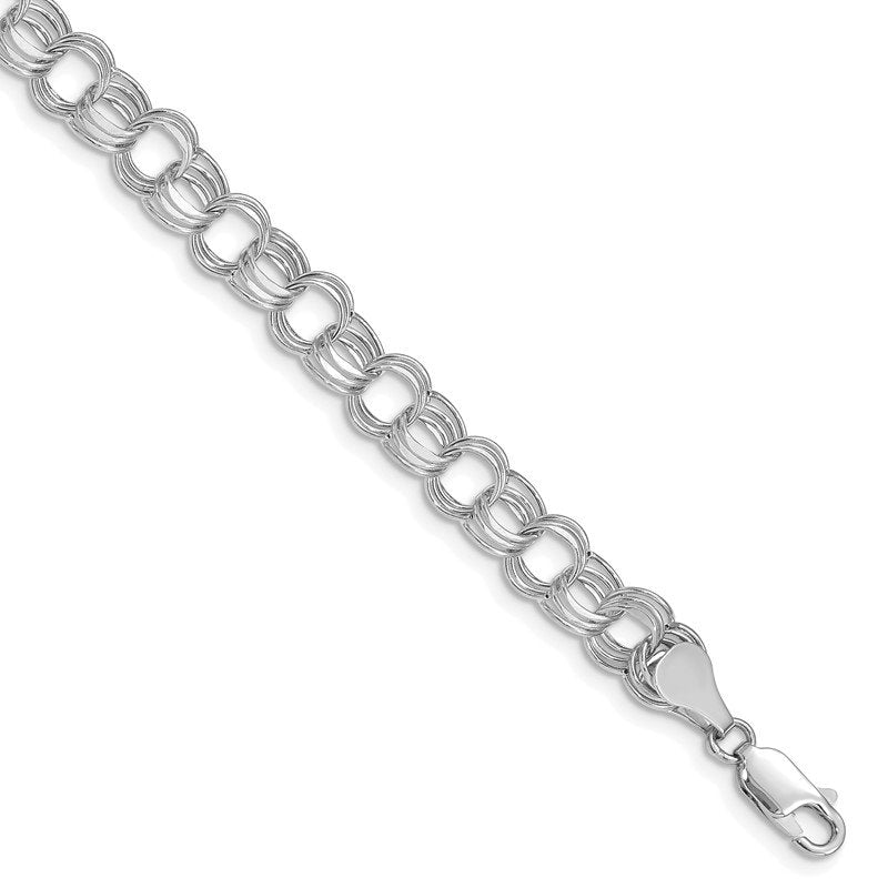 14k White Gold 7.5mm Hollow Triple Link 7.25 inch Charm Bracelet