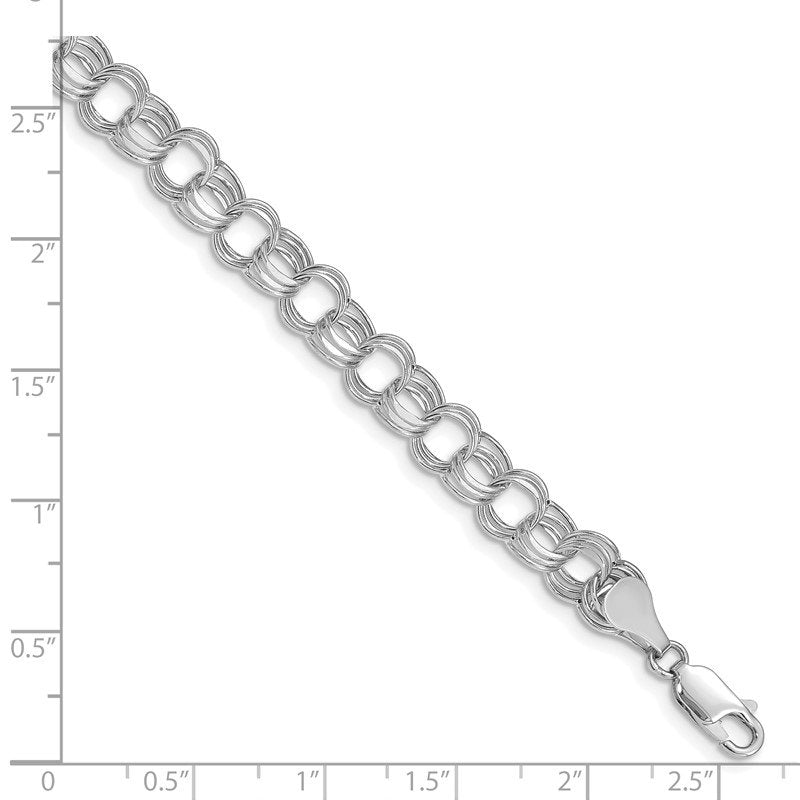 14k White Gold 7.5mm Hollow Triple Link 7.25 inch Charm Bracelet