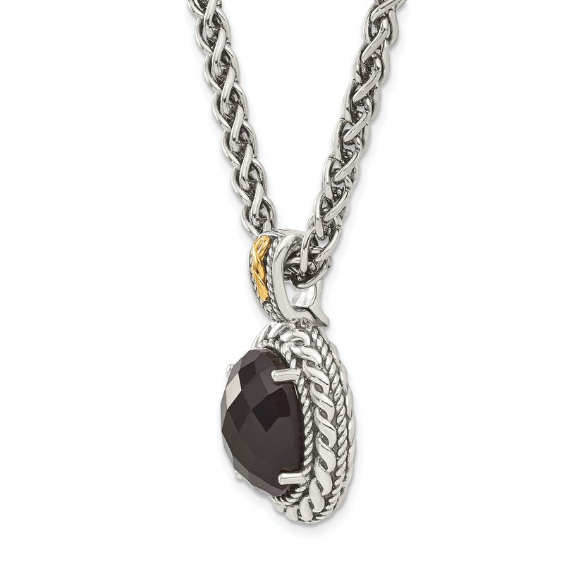 Sterling Silver with 14K Accent 18 Inch Antiqued Checkerboard-cut Black Onyx Necklace