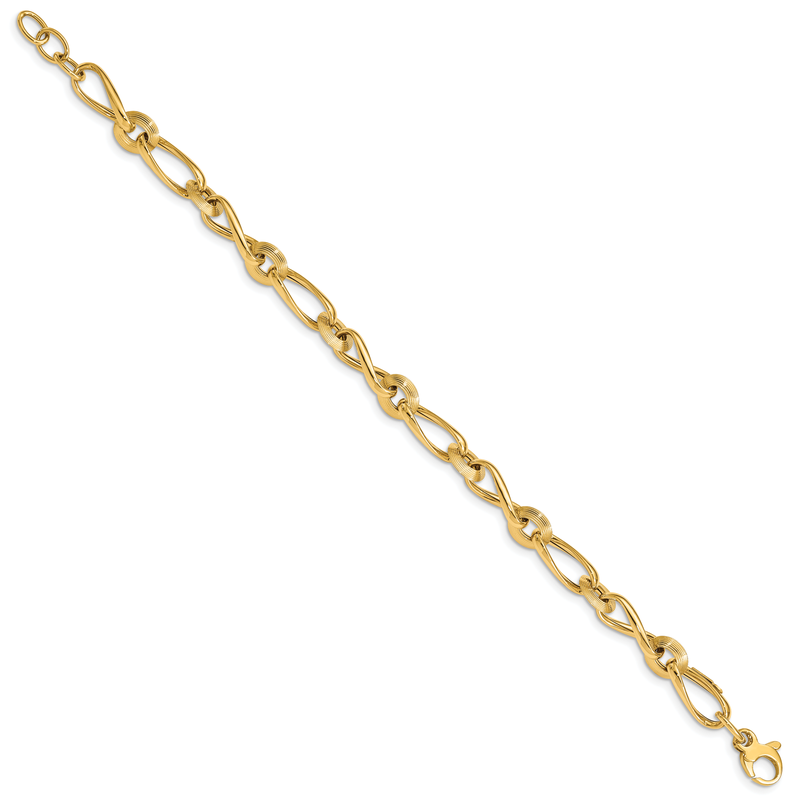 14K Polished and Grooved Fancy Twisted Link 8 inch Bracelet Plus 0.5 inch Extender