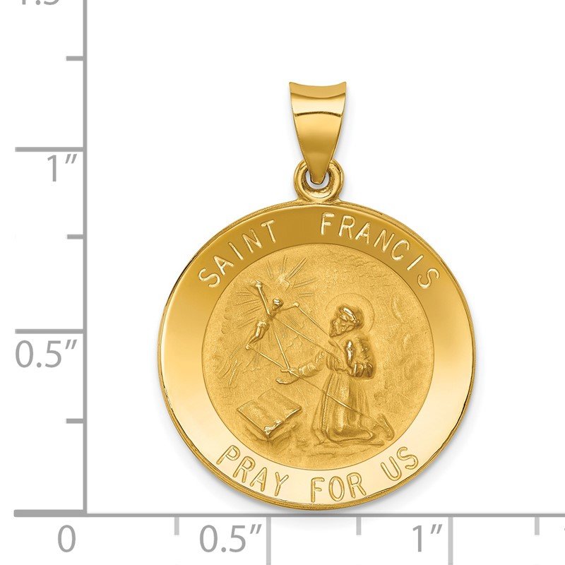 14k Polished and Satin Hollow St Francis Medal Round Pendant