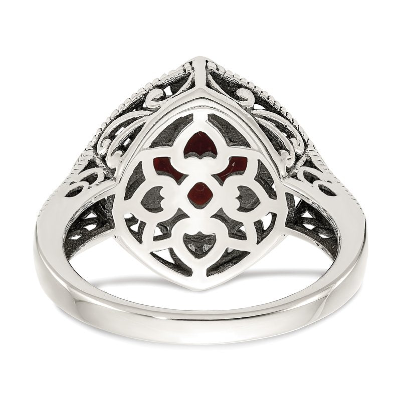 Sterling Silver with 14K Accent Antiqued Diamond and Checkerboard Cushion Garnet Ring