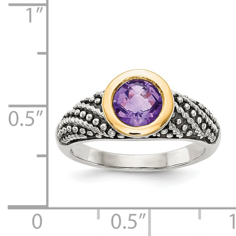 Sterling Silver with 14K Accent Antiqued Round Bezel Amethyst Ring