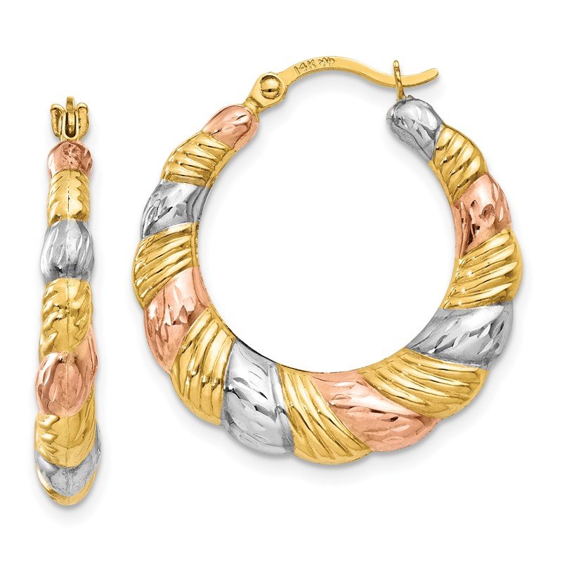 14K &amp; White and Rose Rhodium Hollow Scalloped Hoop Earrings