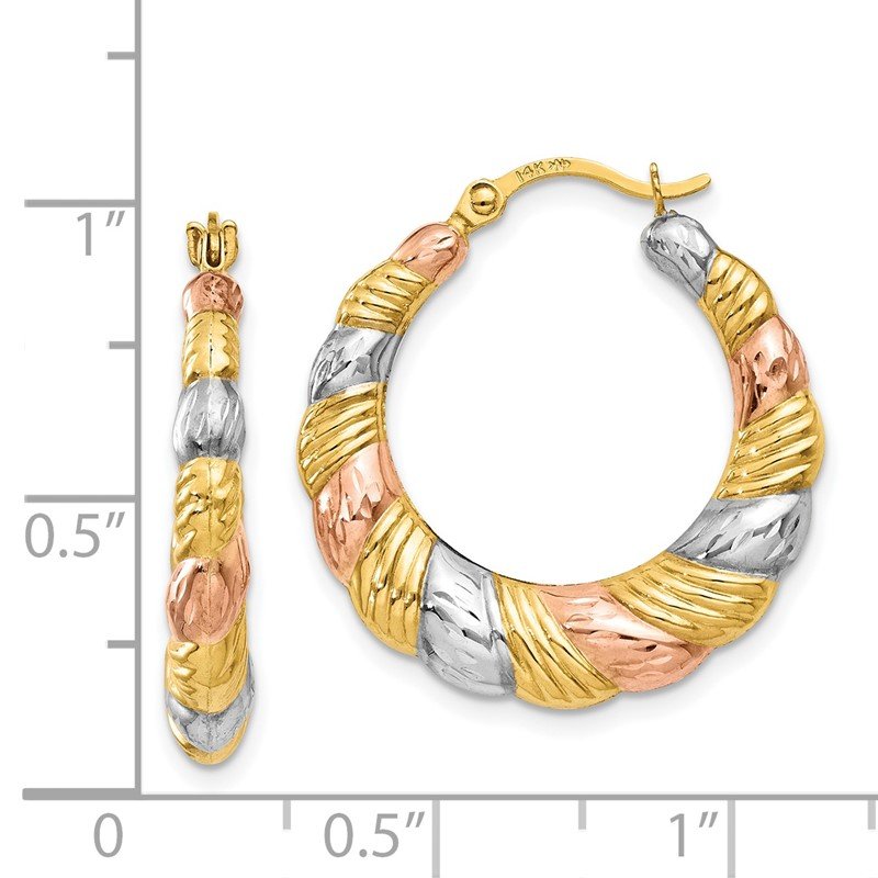 14K &amp; White and Rose Rhodium Hollow Scalloped Hoop Earrings