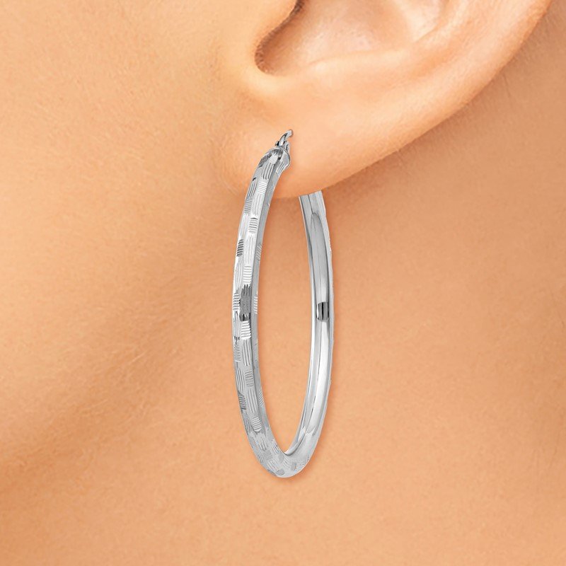14k White Gold Diamond-cut Hoop Earrings