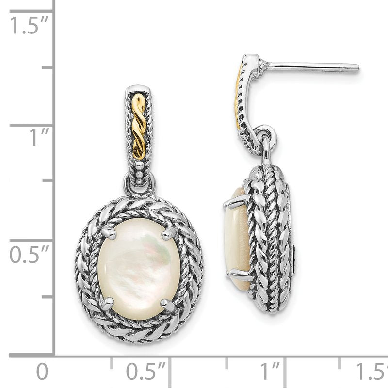 Sterling Silver with 14K Accent Antiqued Mother Of Pearl Post Dangle Earrings