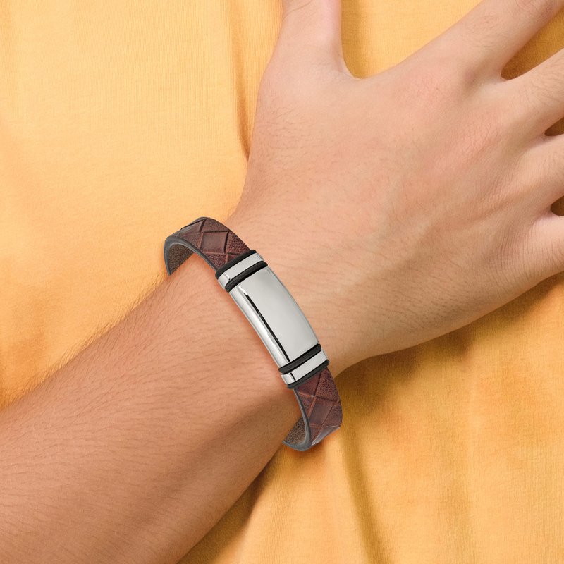 Stainless Steel Polished Brown Faux Leather with Black Rubber 8.25 inch ID Bracelet