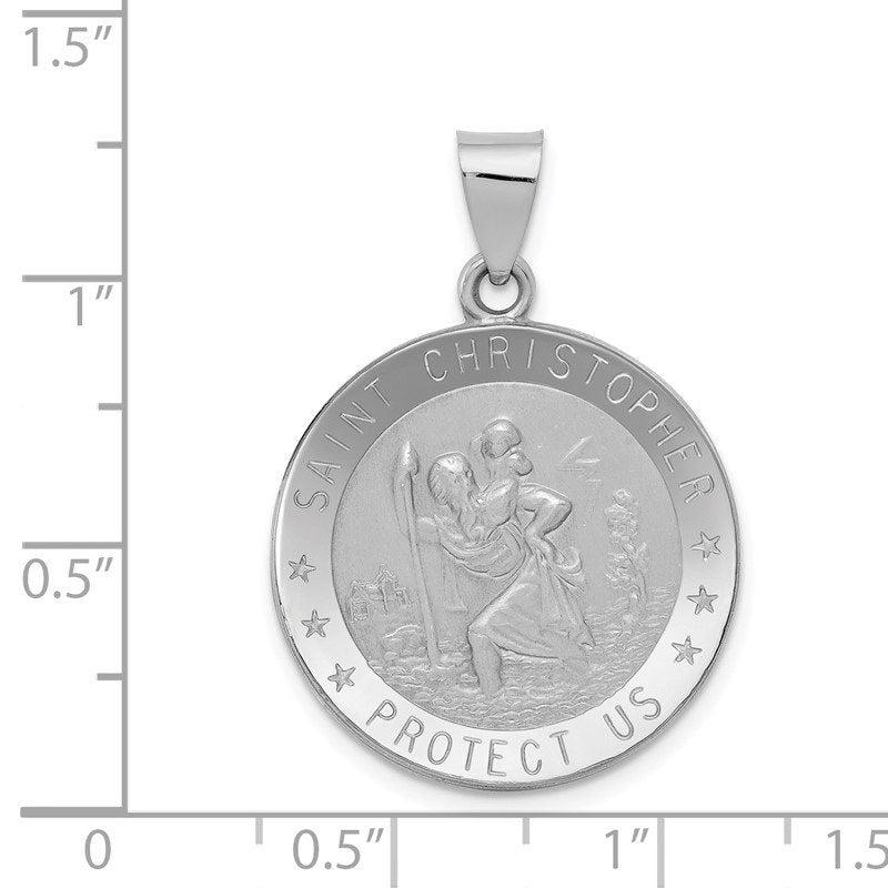 14k White Gold Polished and Satin Hollow Saint Christopher Medal Round Pendant