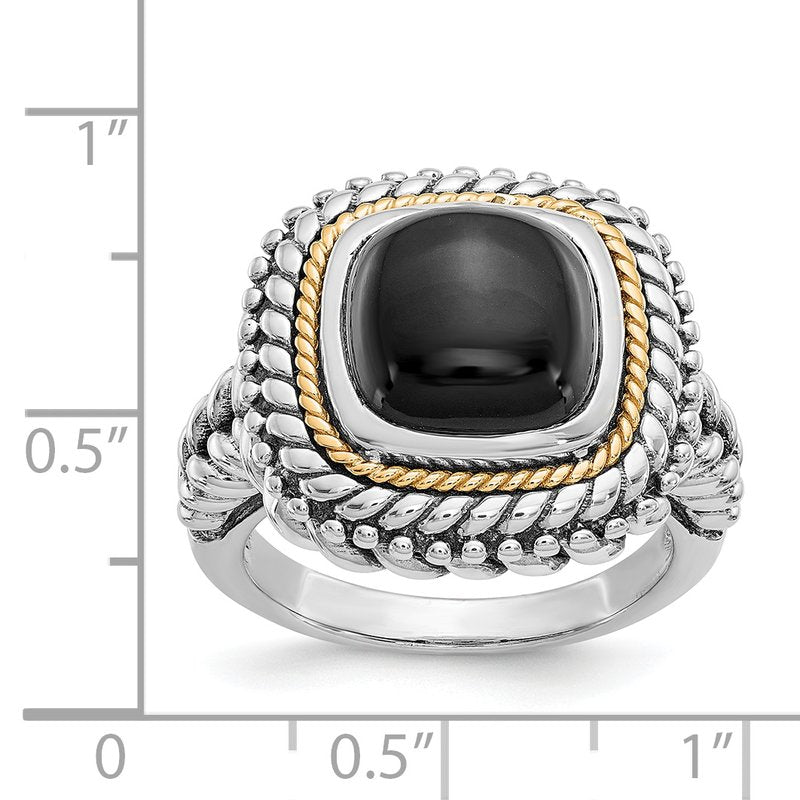 Sterling Silver with 14K Accent Antiqued Cabochon Black Onyx Ring