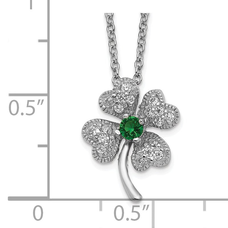 Sterling Silver Rhodium-plated Brilliant-cut Green Glass and Brilliant-cut White CZ Four Leaf Clover 15 Inch Necklace