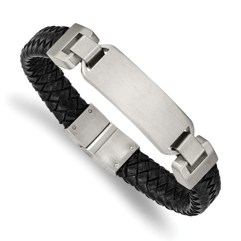 Stainless Steel Brushed Black Leather 8.5 inch ID Bracelet