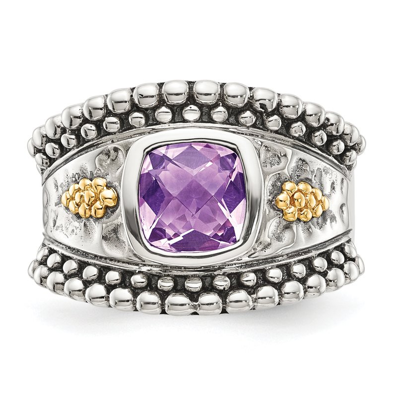 Sterling Silver with 14K Accent Antiqued Checkerboard-cut Cushion Bezel Amethyst Ring