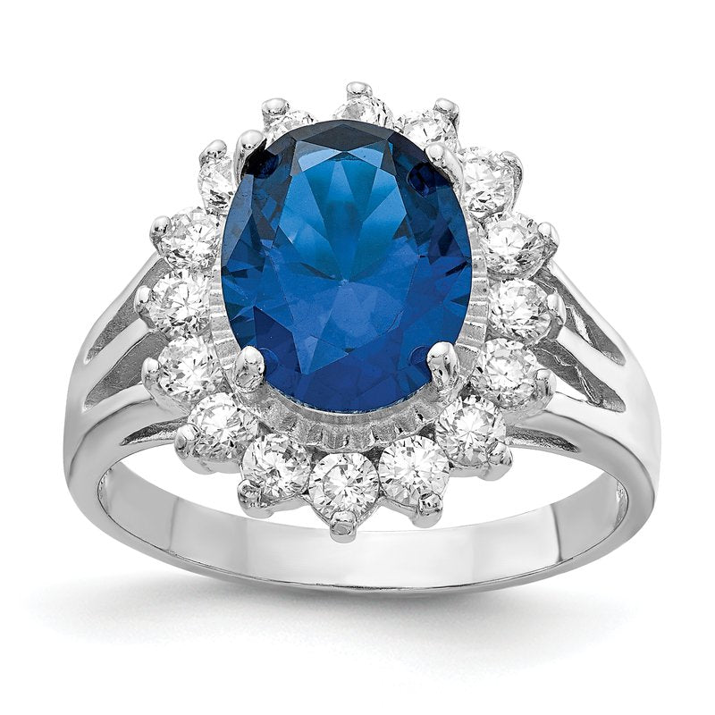 Sterling Silver Rhodium-plated Brilliant-cut Lab Created Dark Blue Spinel and Brilliant-cut White CZ Oval Halo Ring