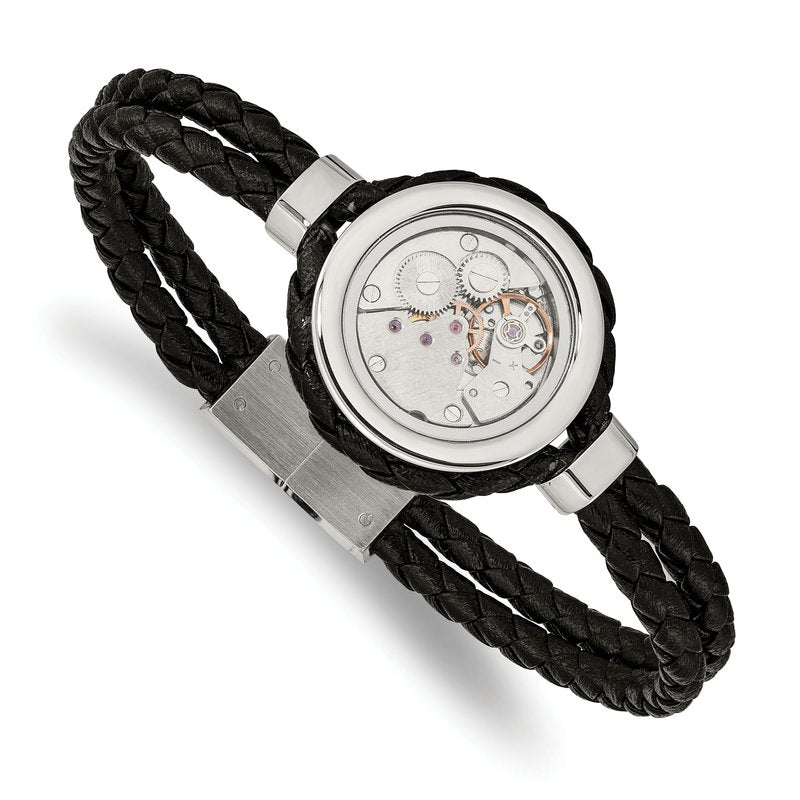 Stainless Steel Brushed and Polished Yellow IP-palted with CZ Black Braided Leather 8.5 inch Bracelet