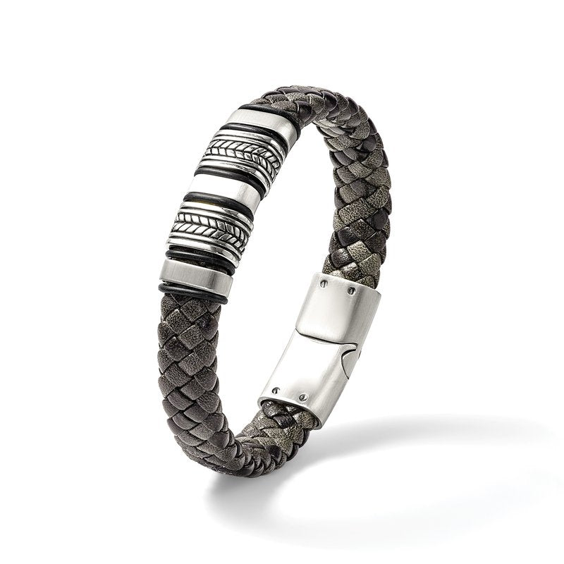 Stainless Steel Antiqued Brushed and Polished Braided Black Leather with Silicone 8.25 inch Bracelet