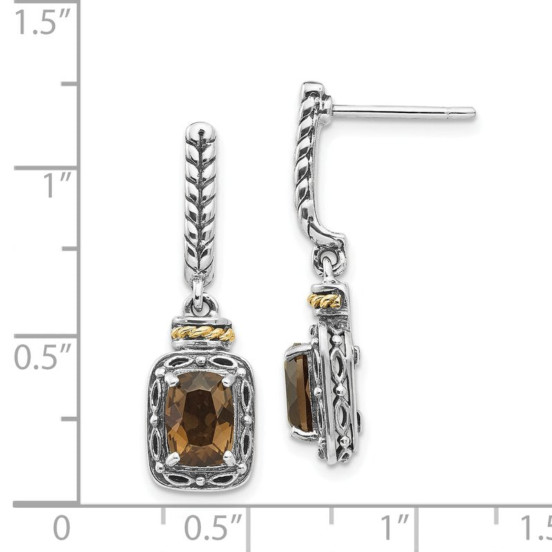 Sterling Silver with 14K Accent Antiqued Cushion Smoky Quartz Post Dangle Earrings