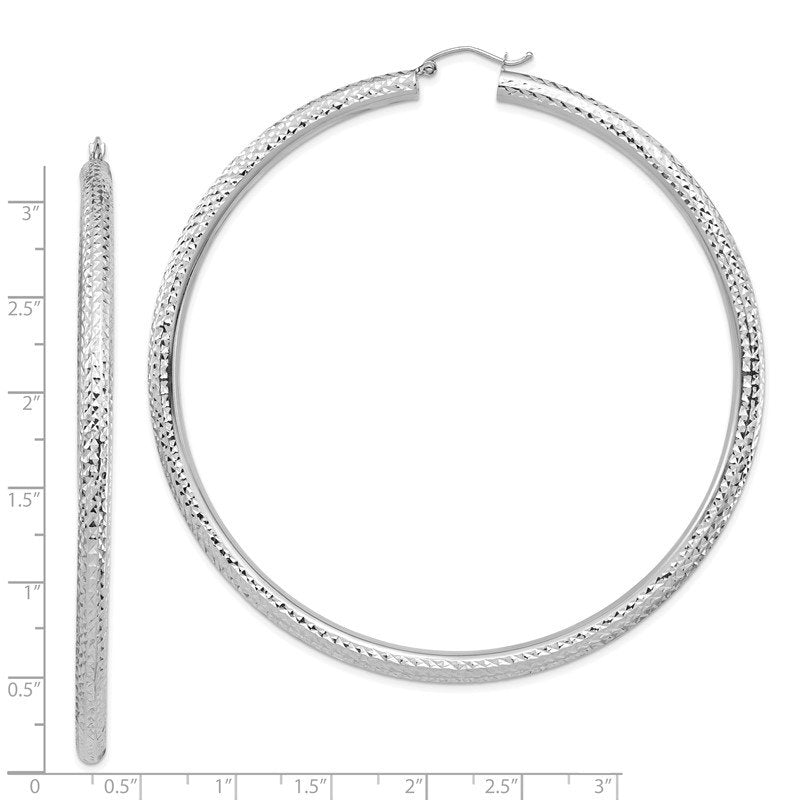 14k White Gold 4x80mm Diamond-cut Lightweight Round Tube Hoop Earrings