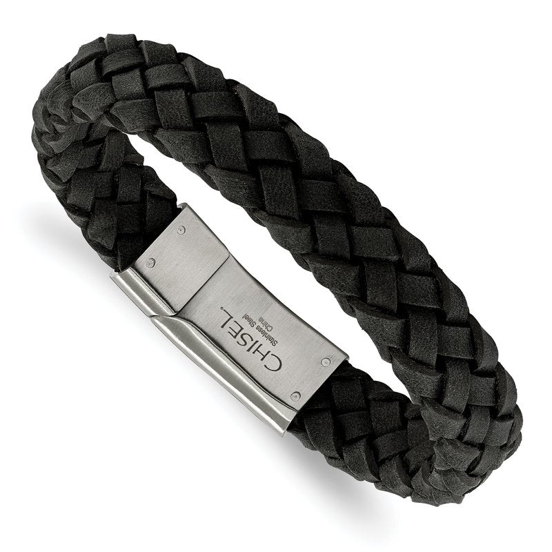 Stainless Steel Brushed Black Braided Leather 8.25 inch Bracelet
