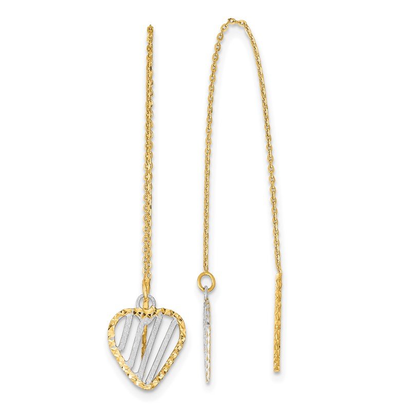 14k &amp; Rhodium Polished Satin and D/C Heart Threader Earrings