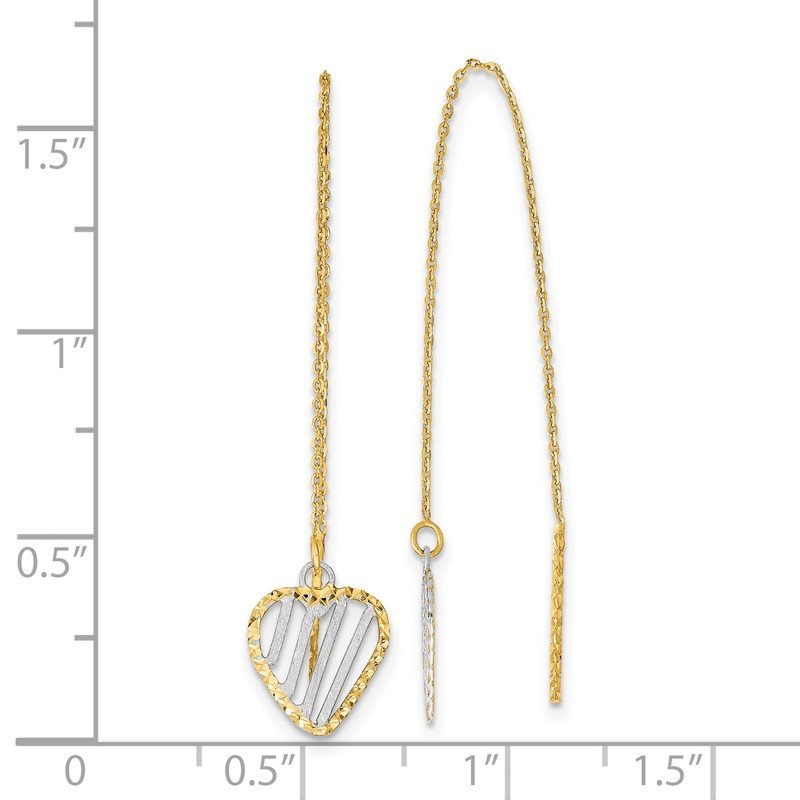 14k &amp; Rhodium Polished Satin and D/C Heart Threader Earrings