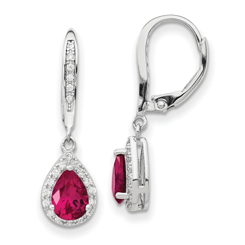 Sterling Silver Rhodium-plated Brilliant-cut Lab Created Ruby and Brilliant-cut White CZ Teardrop Leverback Dangle Earrings